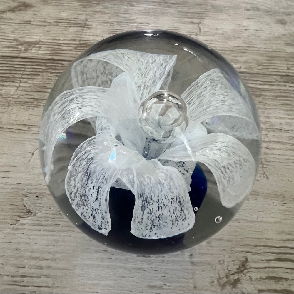 Vintage Handblown Art Glass Paperweight with White Floral and Cobalt Blue Design